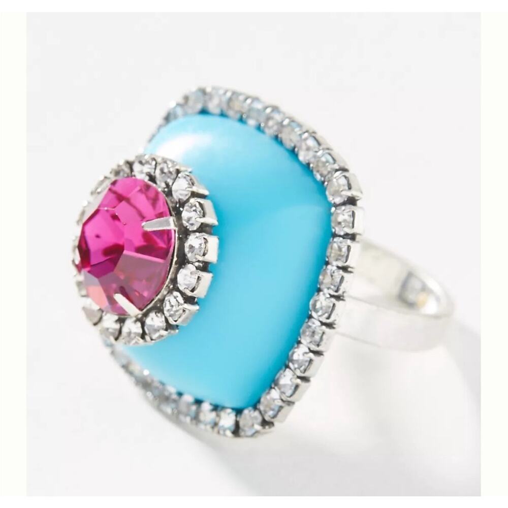DANNIJO Blue Heart Ring with Pink Center and Silver Accents